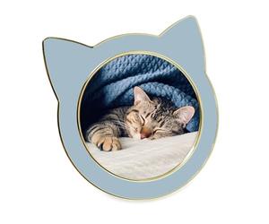 Isaac Jacobs Cadre photo rond en forme de chat bleu brouillard avec oreilles argentées en émail - Dessus de table, décoration de maison et de bureau, (10 x 10 cm, bleu brouillard avec argent)
