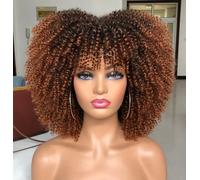 ISAMY Perruque afro bombée courte de 35,56 cm pour femme noire - Perruque courte afro crépue avec frange - Perruque crépue complète (Brun ombre)