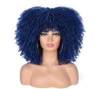 ISAMY Perruque afro bombée de 35,56 cm pour femme noire - Perruque courte afro crépue avec frange - Perruque crépue complète (Bleu)