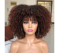 ISAMY Perruque afro bombée de 35,56 cm pour femme noire - Perruque courte afro crépue bouclée avec frange - Perruque bouclée complète (Brun foncé)