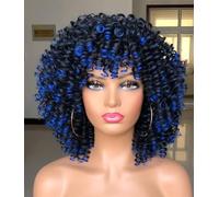 ISAMY Perruque afro bouclée avec frange pour femme noire - Cheveux courts et bouclés - En fibre synthétique - Bleu ombré