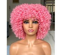 ISAMY Perruque afro bouclée avec frange pour femme noire en fibre synthétique douce (rose)