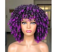 ISAMY Perruque afro bouclée avec frange pour femme noire en fibre synthétique douce (violet ombré)