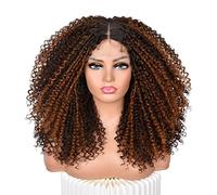 ISAMY Perruque afro bouclée pour femme noire - 13 x 4 x 1 cm - En T partie frontale HD - Cheveux synthétiques pré-épilés - Cheveux bouclés - Marron ombré