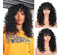 ISAMY Perruque afro longue bouclée pour femme noire avec frange pour femme - Cheveux rebondissants en fibre synthétique moelleuse sans colle pour cosplay et quotidien (noir)