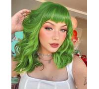 ISAMY Perruque courte au carré avec frange d'air, longueur épaule, perruque synthétique bouclée et ondulée pour cosplay, usage quotidien (vert clair)