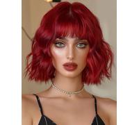 ISAMY Perruque courte avec frange d'air, longueur épaule, perruque synthétique bouclée et ondulée pour cosplay, usage quotidien (rouge)