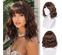 ISAMY Perruque courte avec frange d'air, longueur épaule, perruque synthétique bouclée et ondulée pour cosplay, usage quotidien (marron)