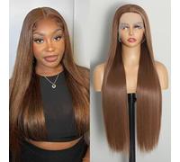 ISAMY Perruque synthétique avec dentelle frontale, perruque HD sans colle, perruque longue et raide pré-épilée pour femme noire (marron)