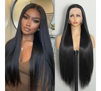 ISAMY Perruque synthétique avec dentelle frontale, perruque HD sans colle pré-épilée longue et raide pour femme noire (noir)