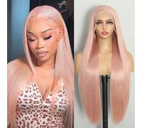 ISAMY Perruque synthétique avec dentelle frontale, perruque HD sans colle pré-épilée pour femme noire (rose clair)