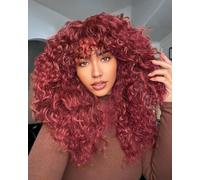 ISAMY Perruques bouclées avec frange pour femme - Dentelle longue et bouclée bordeaux - Pour le quotidien (rouge vin)