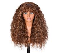 ISAMY Perruques bouclées avec frange pour femme - Dentelle longue et bouclée bordeaux - Pour le quotidien (mèches brunes)