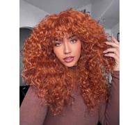 ISAMY Perruques bouclées avec frange pour femme - Dentelle - Longue et bouclée - Bordeaux - Pour le quotidien (gingembre)