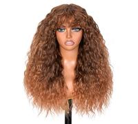 ISAMY Perruques bouclées avec frange pour femme - Dentelle - Longue et bouclée - Bordeaux - Pour le quotidien (ombré brun)