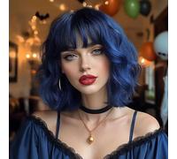 ISAMY Perruques courtes avec frange d'air, longueur épaule, perruque synthétique bouclée et ondulée pour cosplay, pour filles, usage quotidien, perruques colorées (bleu)