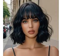 ISAMY Perruques courtes avec frange d'air, longueur épaule, perruque synthétique bouclée et ondulée pour cosplay, pour filles, usage quotidien, perruques colorées (noir)