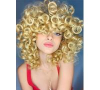 ISAMY Perruques courtes bouclées pour femme noire de 35,6 cm - Cheveux synthétiques crépus et bouclés avec frange - Cheveux synthétiques ondulés (blond)