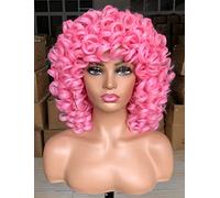 ISAMY Perruques courtes bouclées pour femme noire de 35,6 cm - Cheveux synthétiques crépus et bouclés avec frange - Cheveux synthétiques ondulés (rose)
