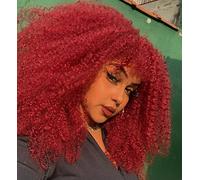 ISAMY Perruques longues bouclées pour femmes noires - Perruque afro bomb bouclée avec frange en fibre synthétique sans colle - Cheveux longs afro frisés (rouge)