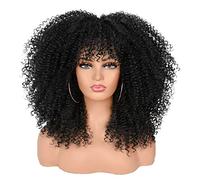 ISAMY Perruques longues et bouclées pour femmes noires - Afro Bomb Curly avec frange - Perruque en fibre synthétique sans colle - Cheveux afro kinky et bouclés longs (Noir)