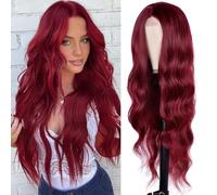 ISAMY Perruques synthétiques longues ondulées pour femme, 66 cm, raie au milieu, aspect naturel, pour un usage quotidien (rouge vin)