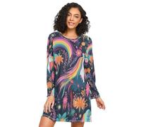 ISAOA Chemise de nuit à manches longues pour femme, motif licornes arc-en-ciel qui courent à travers des fleurs, robe de nuit douce S-XXL, Licornes arc-en-ciel qui courent à travers les fleurs, L