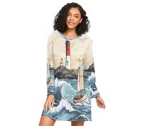 ISAOA Chemise de nuit à manches longues pour femmes, voiliers et phares, robe de nuit douce S-XXL, Voiliers et phares, XL