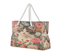 ISAOA Grand sac de plage à bandoulière avec fermeture éclair et poches, motif chat câlin pour gym, voyage, sport