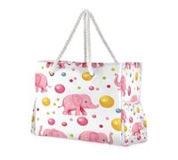 ISAOA Grand sac de plage, sac à main à bandoulière, sac fourre-tout avec fermeture éclair et poches, rose, cirque, éléphant, balles pour gym, voyage, sport