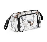 ISAOA Grande trousse de rangement de grande capacité avec fermeture éclair - Motif chevaux mignons - Marron - Mustang sauvage - Organiseur de papeterie pour bureau, université, fournitures scolaires