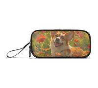 ISAOA Happy Corgi in A Field of Flower Trousse à crayons grande capacité 3 compartiments Grande trousse de rangement portable pour adolescents, garçons, filles, adultes et étudiants, Happy Corgi dans