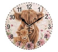 ISAOA Horloge murale silencieuse et sans tic-tac avec deux fleurs de vache des Highlands Décoration pour bureau/maison/école/cuisine, silencieuse et sans tic-tac, 25 cm