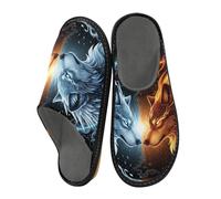 ISAOA Ice and Fire Wolf Pantoufles antidérapantes chaudes pour intérieur et extérieur Motif loup 34-35, Loup de glace et de feu, 45/46 EU