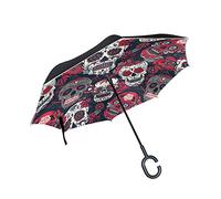 ISAOA Parapluie double couche pliant inversé pour voiture, autoportant, tête de mort, motif floral résistant au vent, protection UV