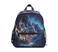 ISAOA Petit sac à dos d'école, motif silhouette de loup dans la forêt d'aurore pour enfants, sac à dos d'école, sac à dos décontracté pour garçons et filles