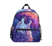ISAOA Petit sac à dos d'école, petit sac à dos d'école, sac à dos d'école maternelle, sac à dos décontracté pour garçons et filles Motif loup hurlant avec éclair dans le ciel derrière lui