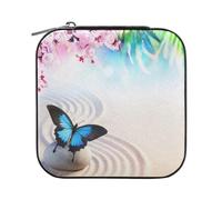 ISAOA Petite boîte à bijoux de voyage portable en cuir - Boîte de rangement pour bijoux - Papillons japonais zen et fleurs de Sakura pour filles