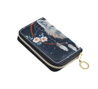 ISAOA Porte-cartes de crédit en cuir avec fermeture éclair - Étui pour cartes de visite - Motif plume blanche - Attrape-rêves - Loup - Pour femme et homme