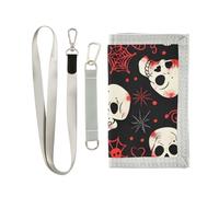 ISAOA Portefeuille à trois volets avec motif crânes et éléments gribouillis rouges avec herbe pour garçons et filles, pochette zippée pour pièces de monnaie et porte-cartes