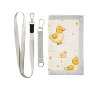 ISAOA Portefeuille à trois volets avec poche zippée pour pièces de monnaie et porte-cartes - Cadeau d'anniversaire pour enfants - Motif étoiles de canard jaune