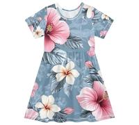 ISAOA Robe décontractée à manches courtes pour filles, motif fleur d'hibiscus rose et blanc, évacuation de l'humidité, séchage rapide, robe trapèze décontractée pour tout-petits et enfants (2T-8T