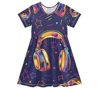 ISAOA Robe d'été à manches courtes pour petite fille 2-8 ans avec casque rétro disco, multicolore, 3 ans