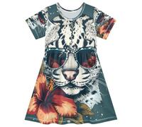 ISAOA Robe d'été à manches courtes pour petite fille, 2-8 ans, chat sauvage, fleur exotique, multicolore, 4 ans