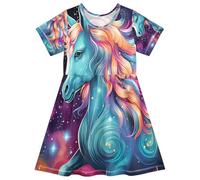 ISAOA Robe d'été à manches courtes pour petite fille 2-8 ans Cheveux oranges Licorne bleue, multicolore, 4 ans