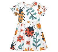 ISAOA Robe d'été à manches courtes pour petite fille 2-8 ans Coccinelle avec fleurs, multicolore, 5-6 ans
