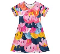 ISAOA Robe d'été à manches courtes pour petite fille 2-8 ans écailles de poisson roses fleurs, multicolore, 3 ans