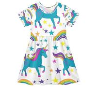ISAOA Robe d'été à manches courtes pour petite fille, 2-8 ans, licorne bleue et arc-en-ciel, multicolore, 3 ans