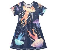 ISAOA Robe d'été à manches courtes pour petite fille, 2-8 ans, méduse benthique faune, multicolore, 2 ans