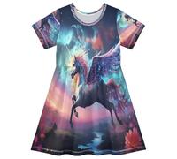ISAOA Robe d'été à manches courtes pour petite fille, 2-8 ans, motif licorne, multicolore, 2 ans